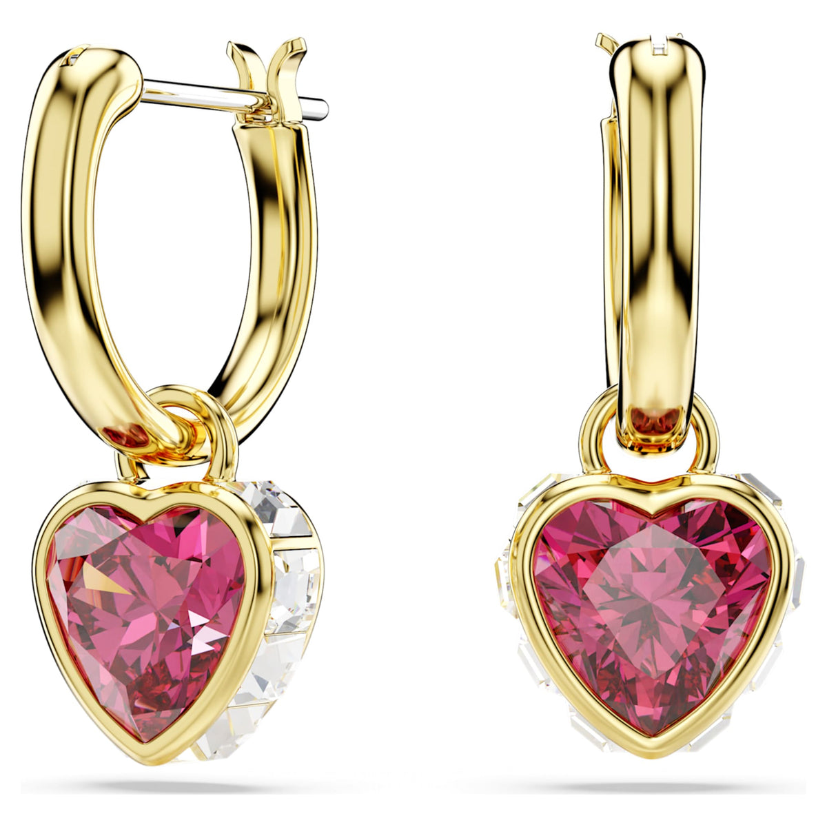 Swarovski Chroma drop earrings featuring a heart motif with red accents and an 18K gold finish