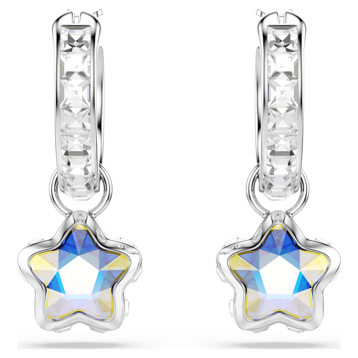 Swarovski Chroma drop earrings featuring a star motif with white mixed-cut accents and rhodium plating
