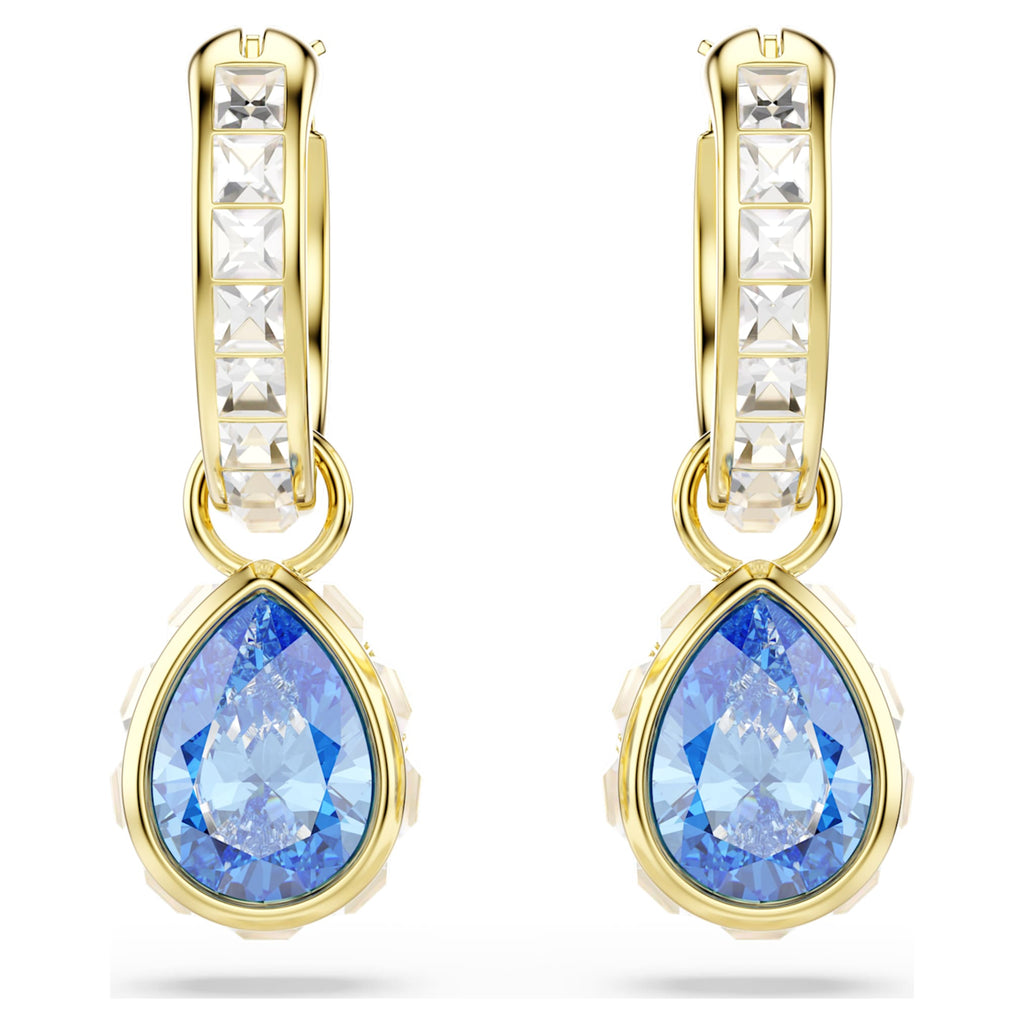 Swarovski Chroma drop earrings with blue pear-cut accents and an 18K gold finish
