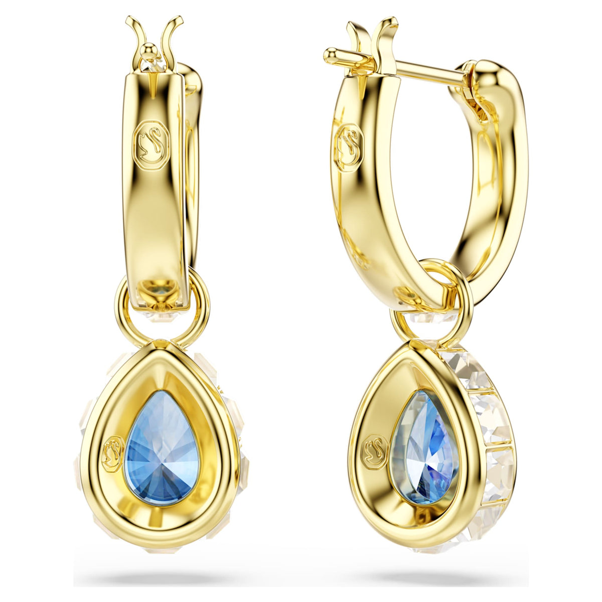Swarovski Chroma drop earrings with blue pear-cut accents and an 18K gold finish