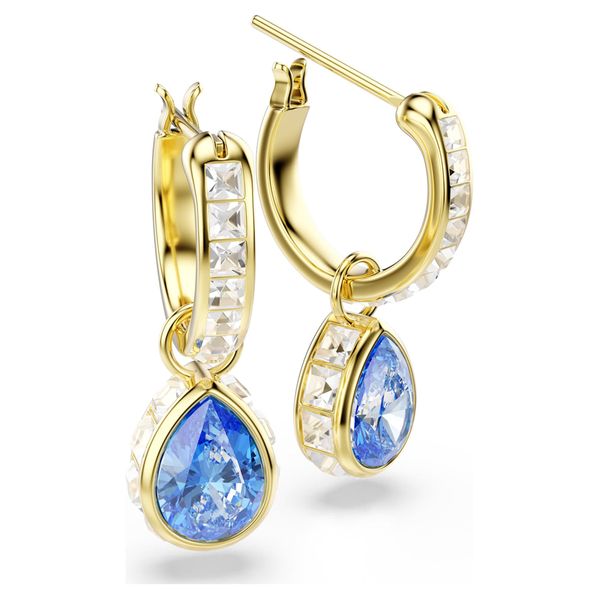 Swarovski Chroma drop earrings with blue pear-cut accents and an 18K gold finish