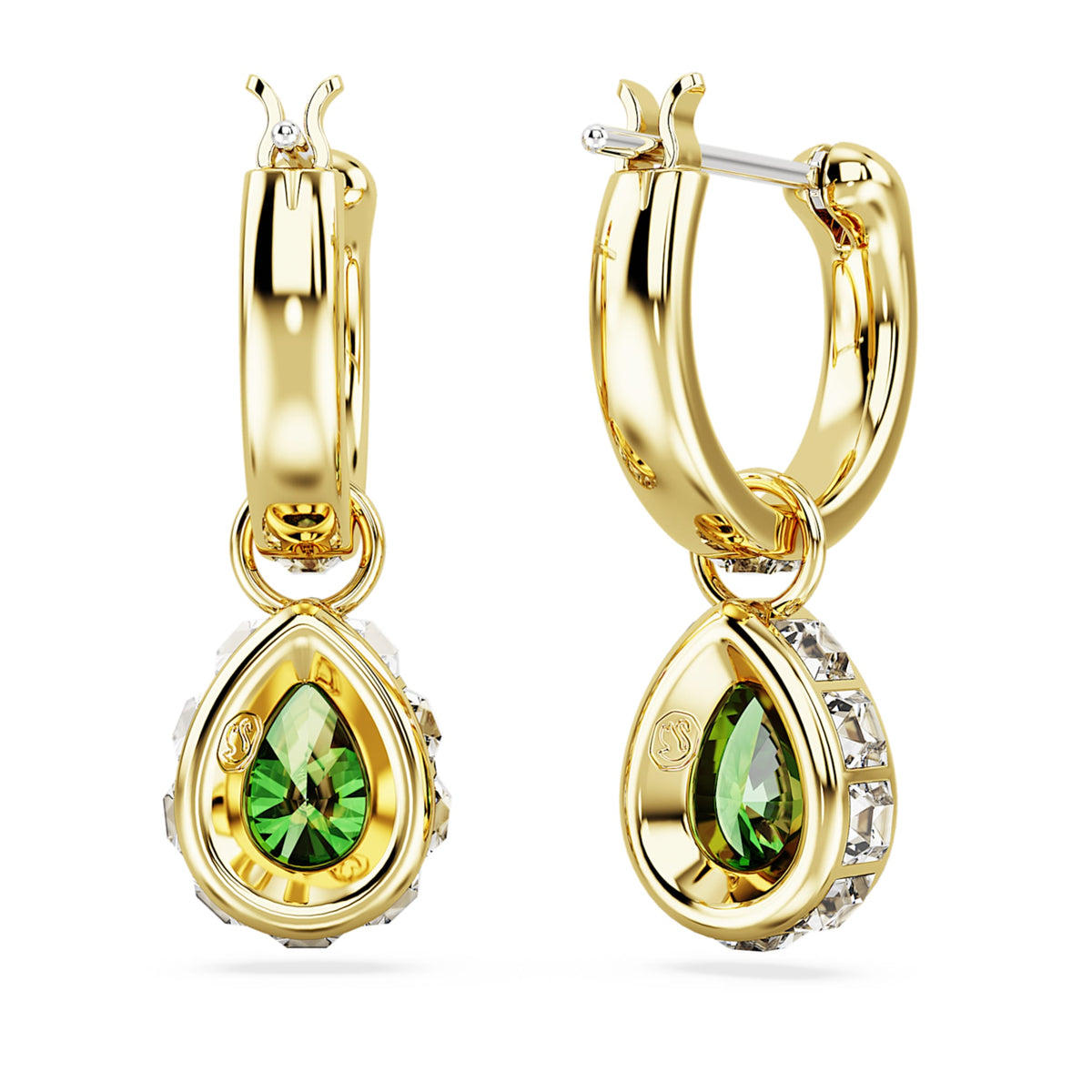 Swarovski Chroma drop earrings with green pear-cut accents and an 18K gold finish