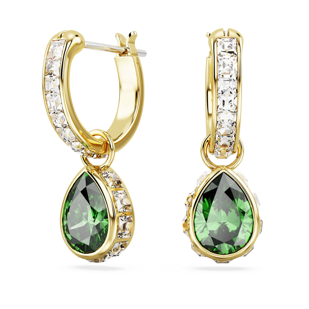 Swarovski Chroma drop earrings with green pear-cut accents and an 18K gold finish