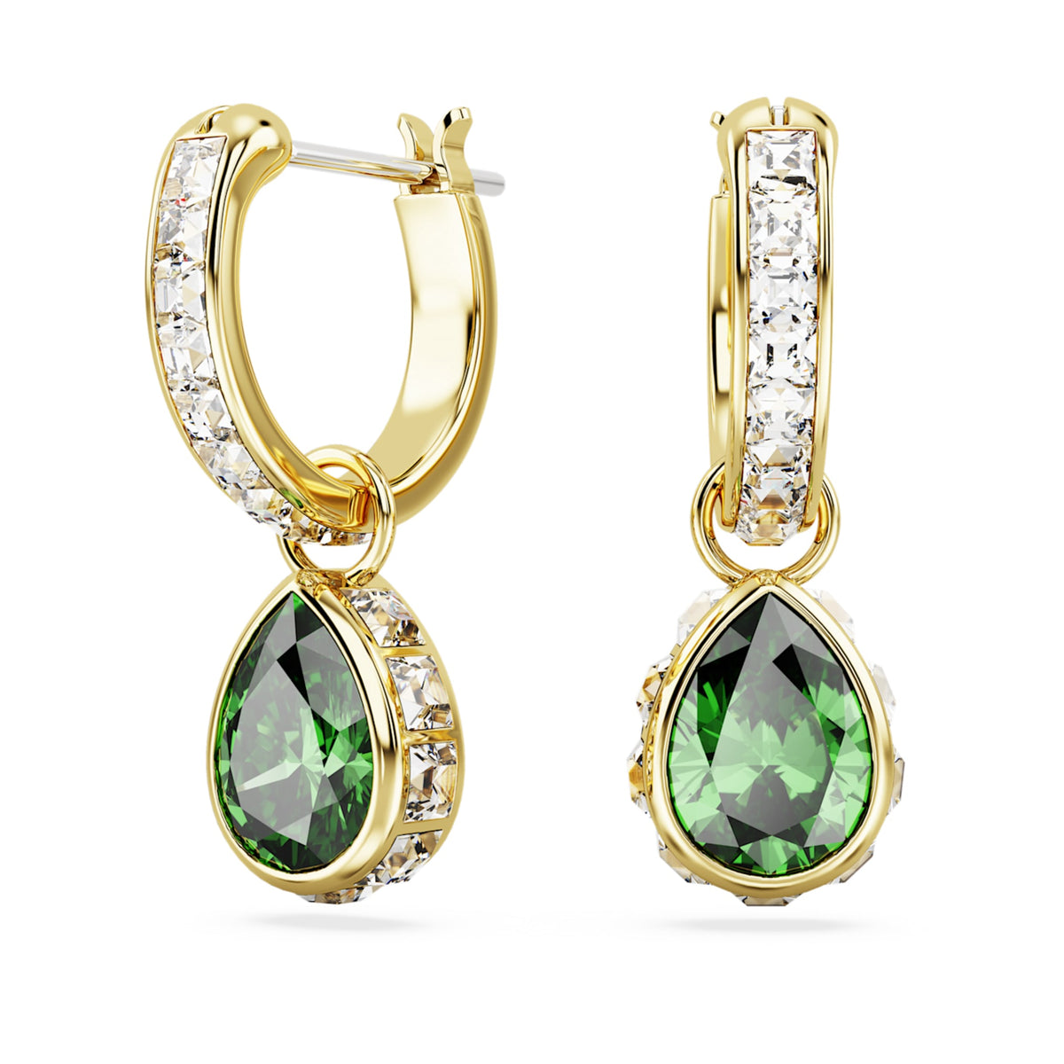 Swarovski Chroma drop earrings with green pear-cut accents and an 18K gold finish