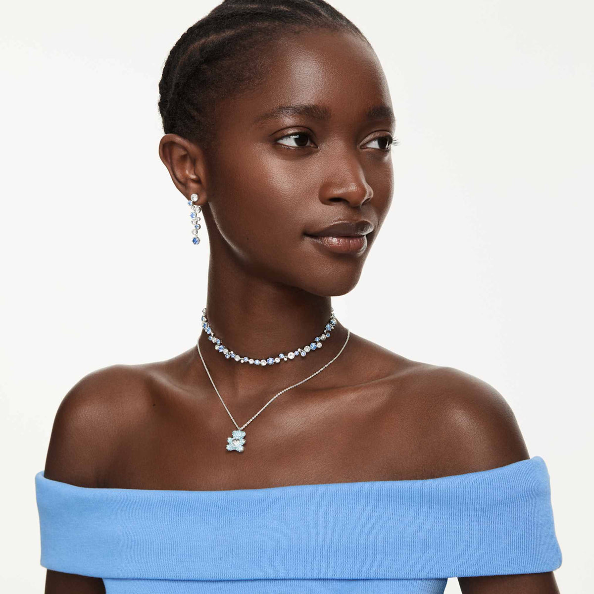 Swarovski Constella drop earrings with blue mixed-cut accents and rhodium plating
