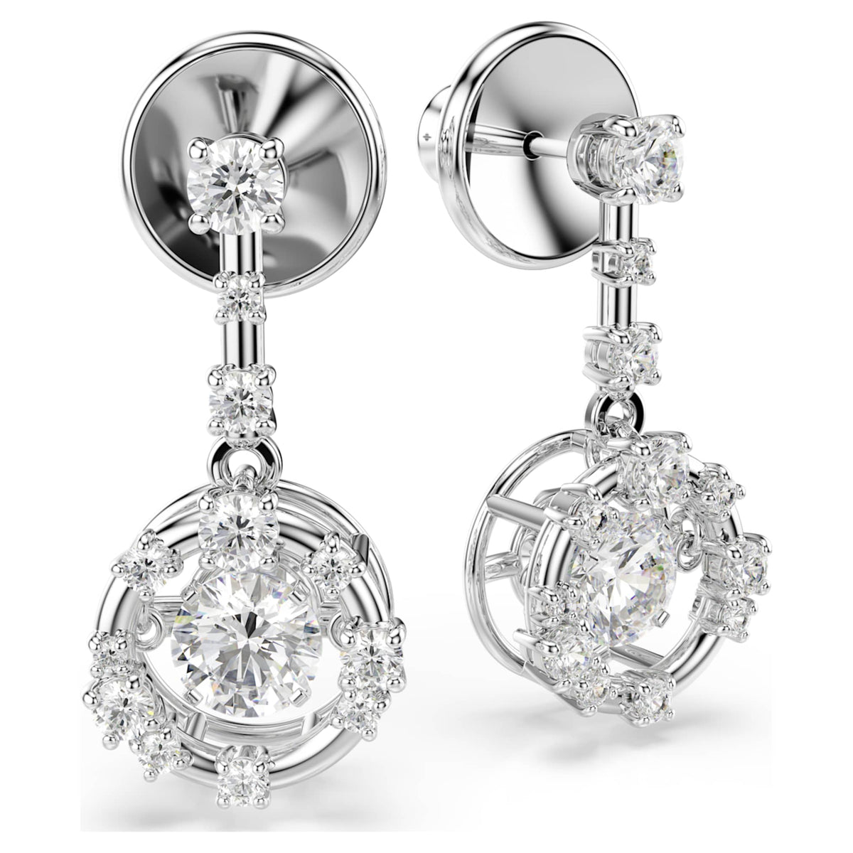 Swarovski Constella drop earrings Round cut, Dancing stone, White, Rhodium plated