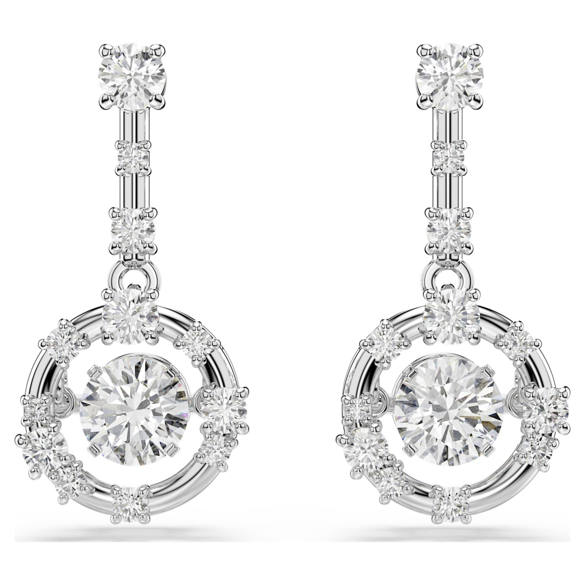 Swarovski Constella drop earrings Round cut, Dancing stone, White, Rhodium plated