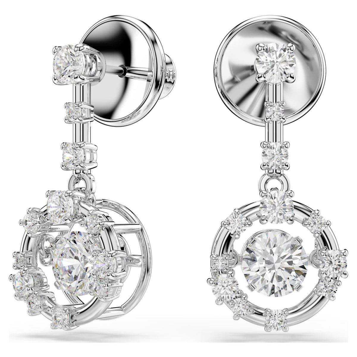 Swarovski Constella drop earrings Round cut, Dancing stone, White, Rhodium plated