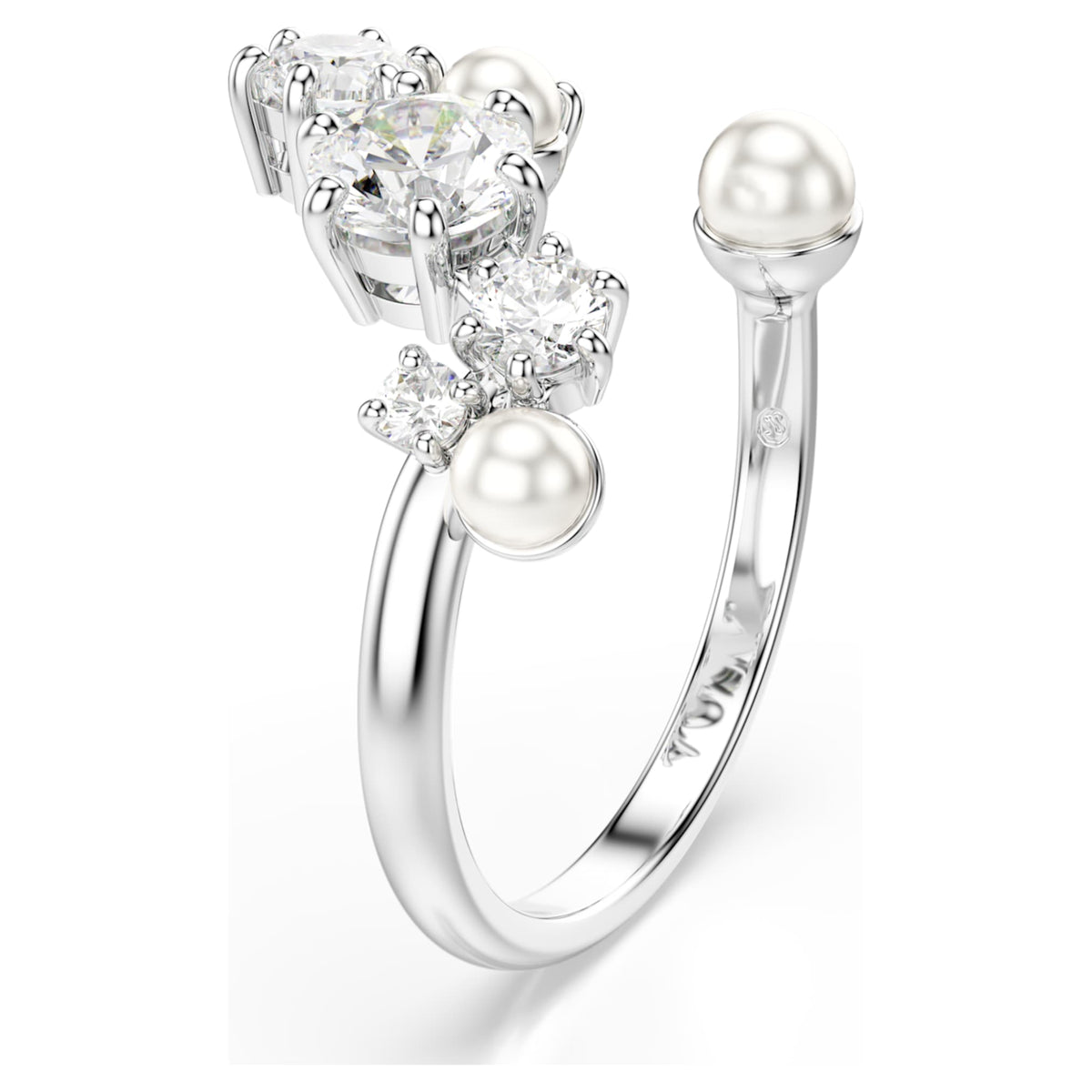 Swarovski Constella open ring Crystal pearl, Round cuts, White, Rhodium plated