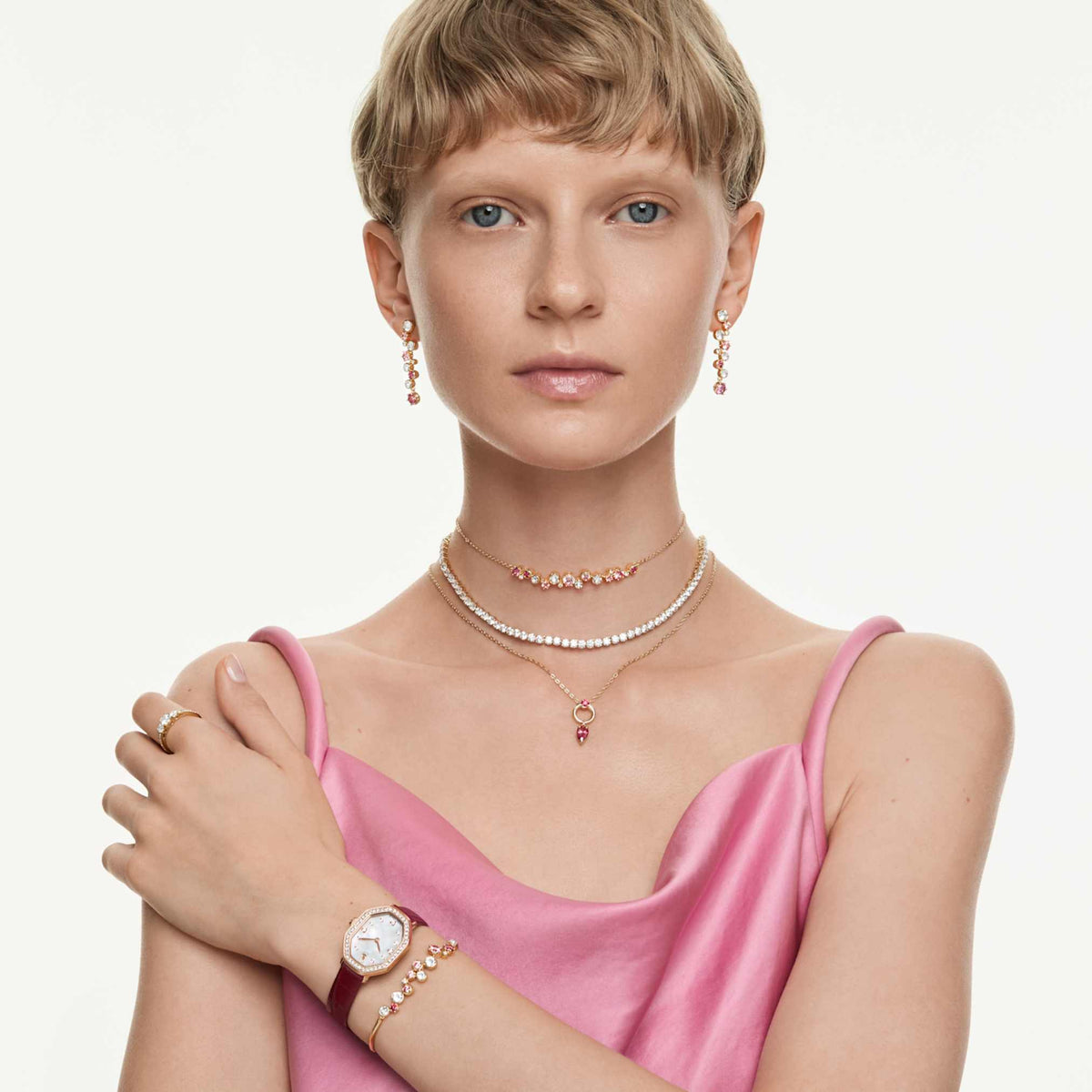 Swarovski Constella set with multicolored mixed-cut accents and an 18K gold finish