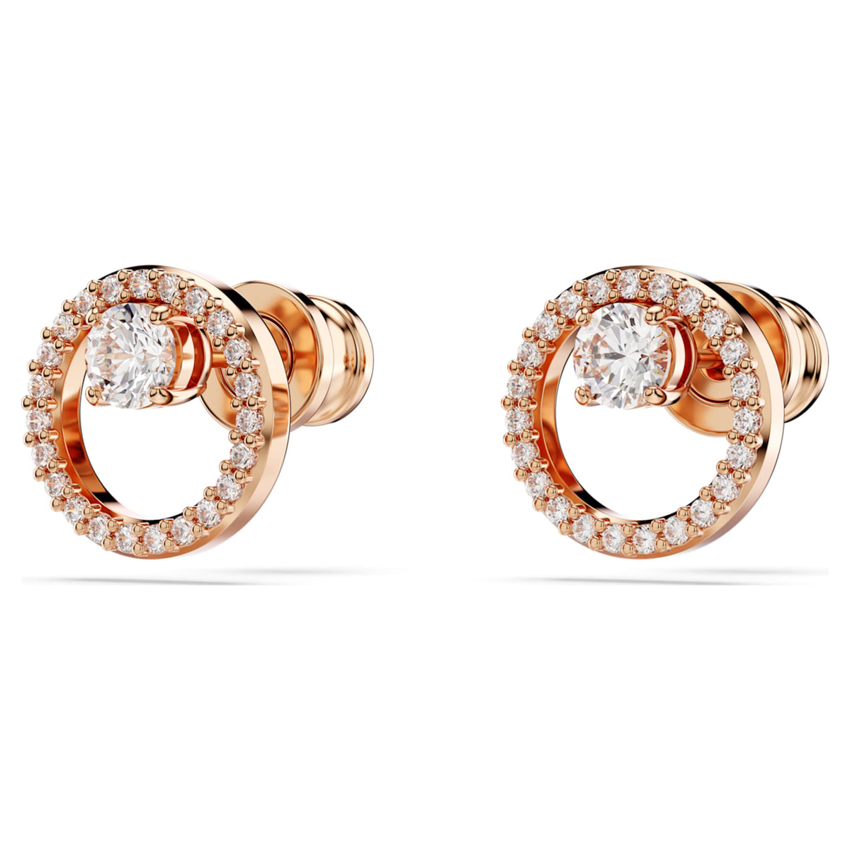 Swarovski Constella stud earrings with white round-cut accents and an 18K rose gold finish