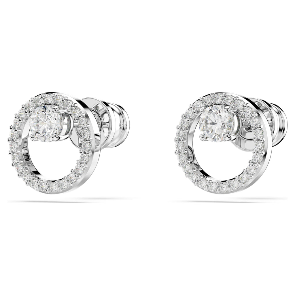 Swarovski Constella stud earrings with white round-cut accents and rhodium plating