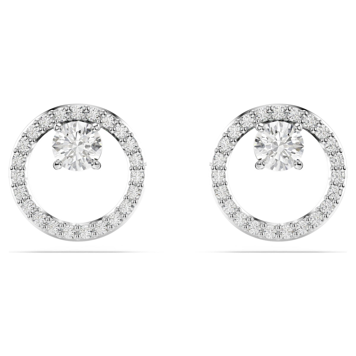 Swarovski Constella stud earrings with white round-cut accents and rhodium plating