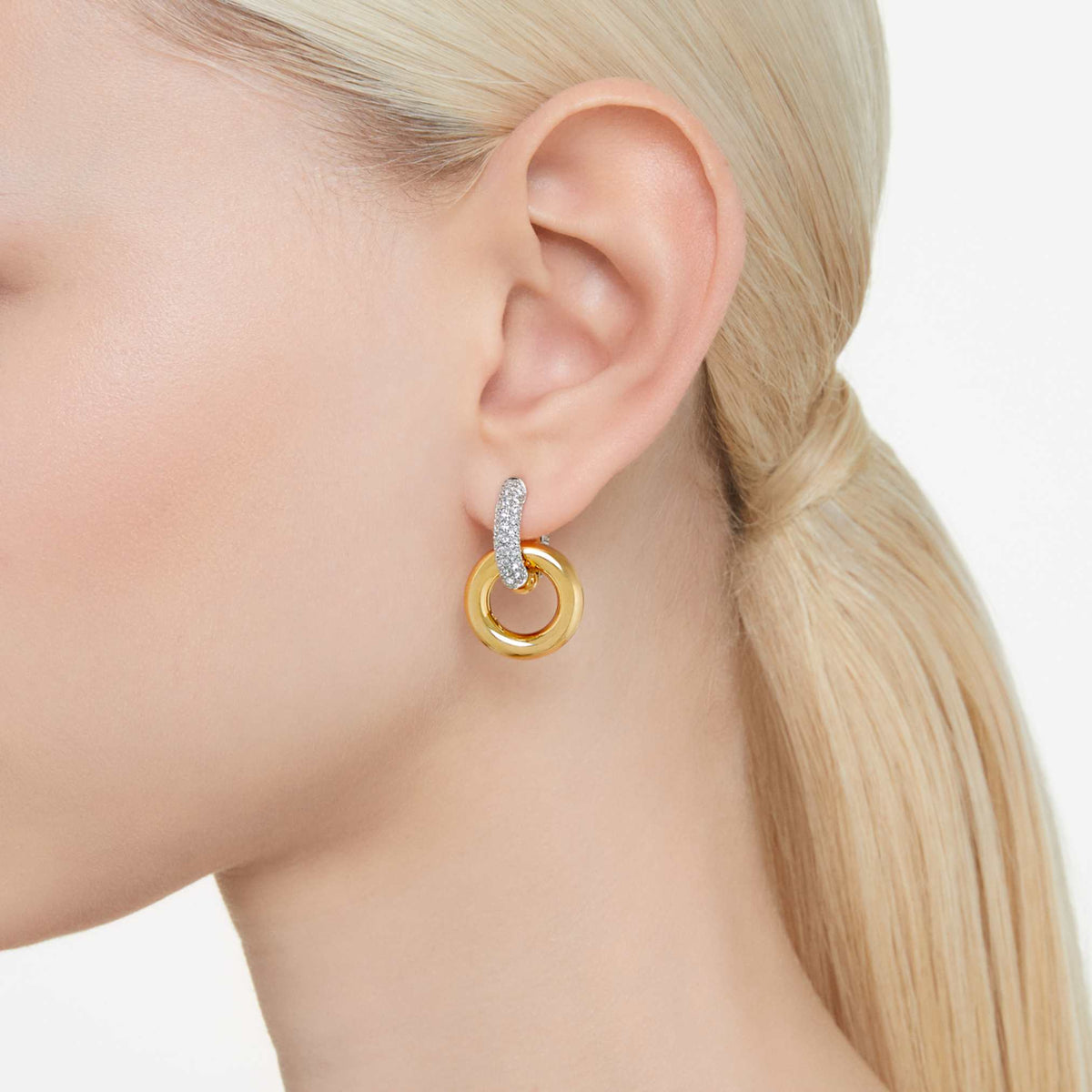 Swarovski Dextera hoop earrings Asymmetrical design, Interlocking loop, White, 18K gold finish