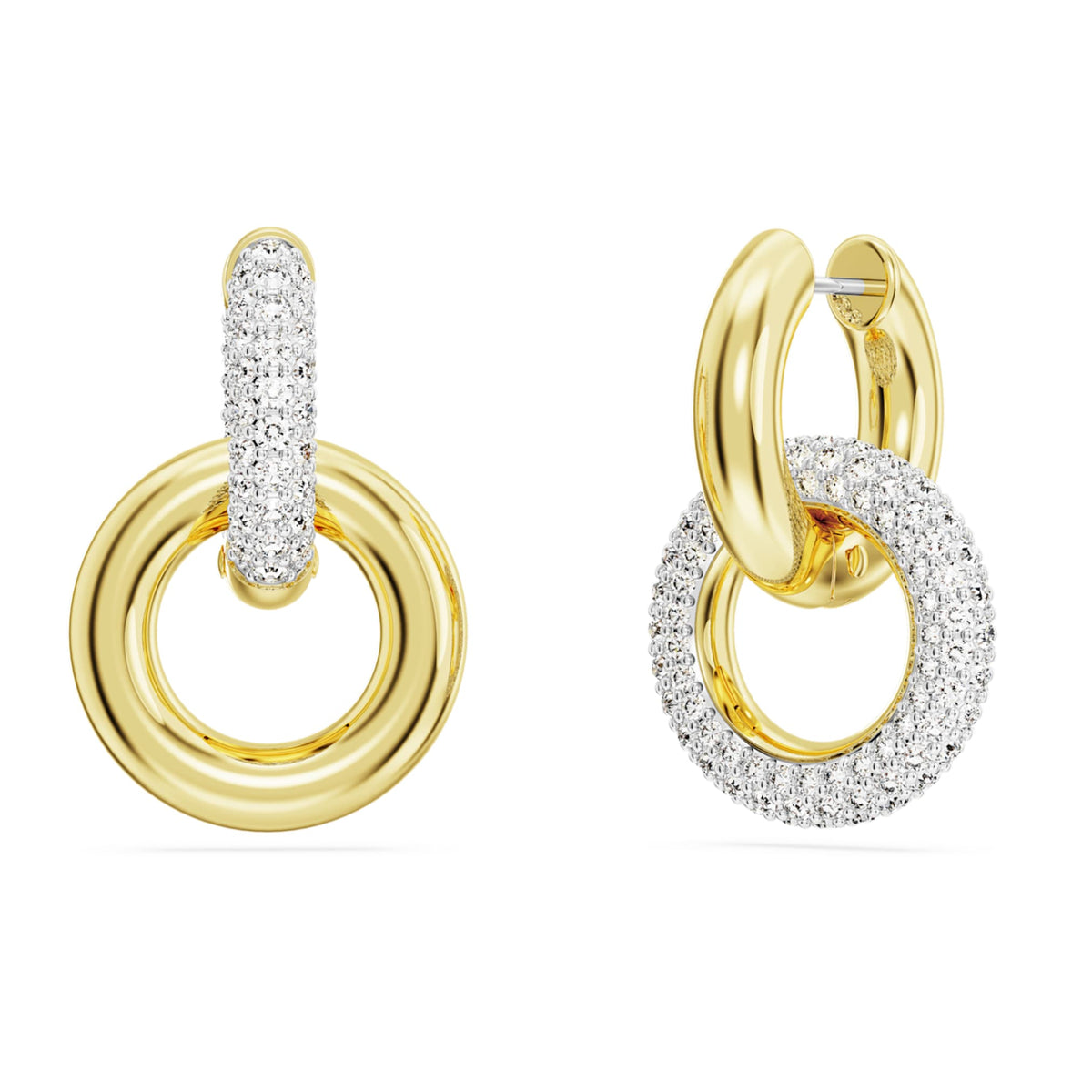 Swarovski Dextera hoop earrings Asymmetrical design, Interlocking loop, White, 18K gold finish