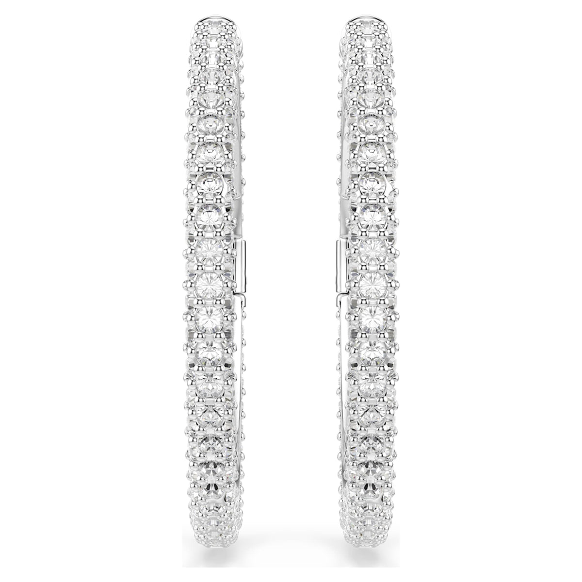 Swarovski Dextera hoop earrings with white round-cut accents and rhodium plating