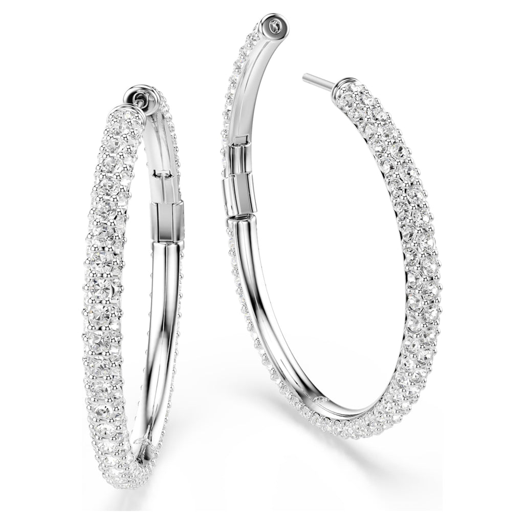 Swarovski Dextera hoop earrings with white round-cut accents and rhodium plating