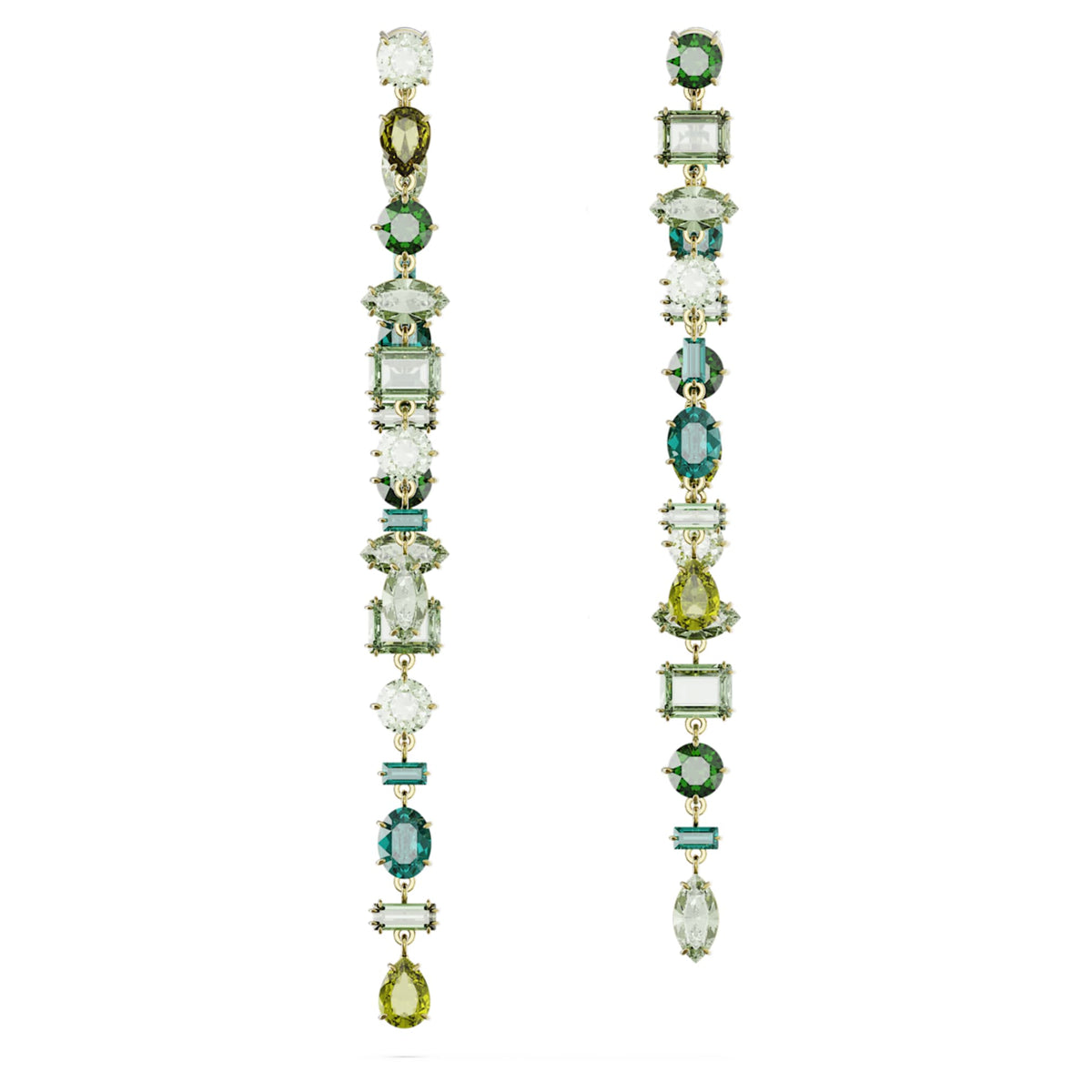 Swarovski Gema drop earrings Asymmetrical design, Mixed cuts, Extra long, Green, 18K gold finish