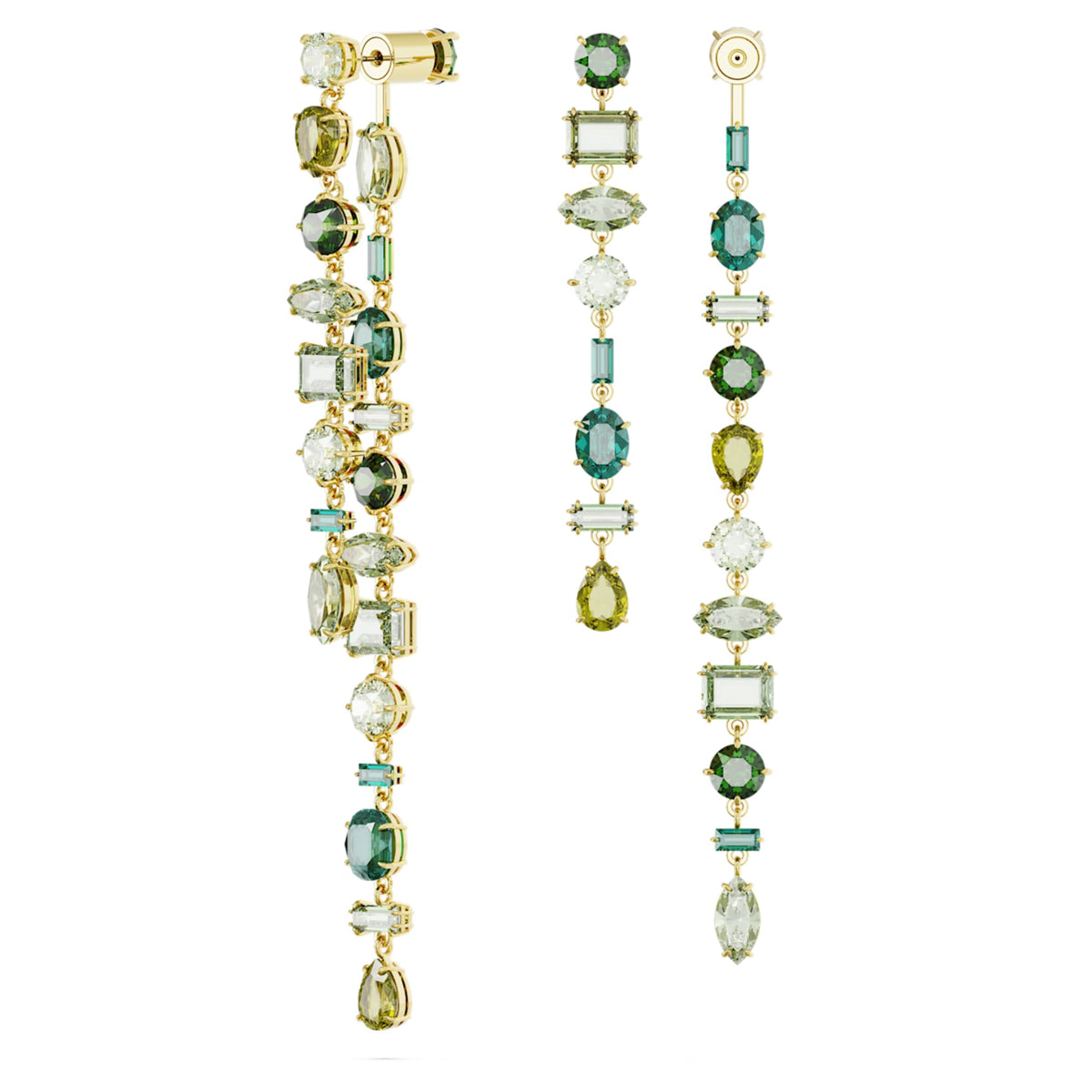 Swarovski Gema drop earrings Asymmetrical design, Mixed cuts, Extra long, Green, 18K gold finish