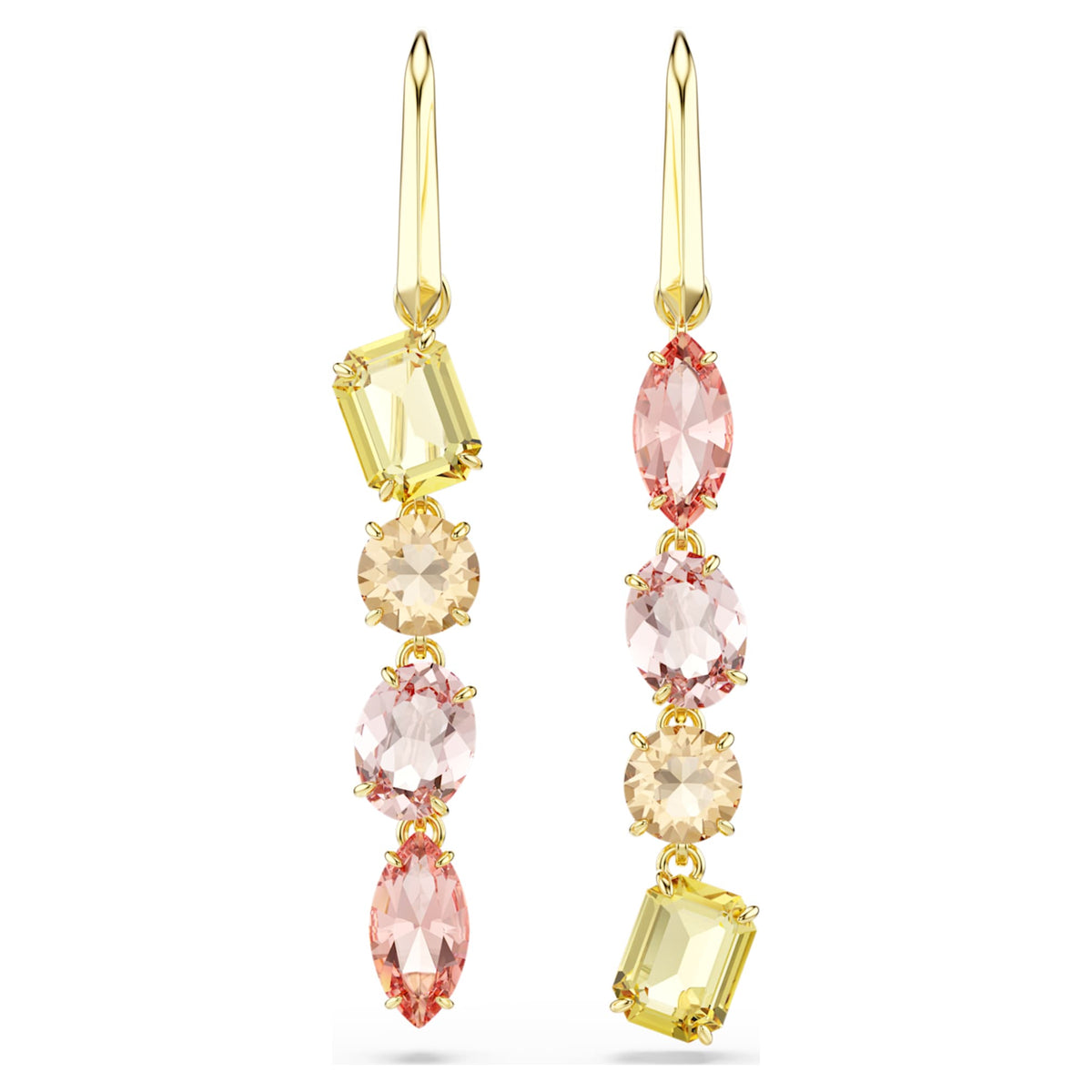 Swarovski Gema drop earrings Asymmetrical design, Mixed cuts, Pink, 18K gold finish
