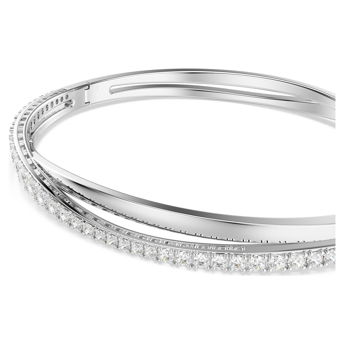 Swarovski Hyperbola bangle with white round-cut accents and rhodium plating