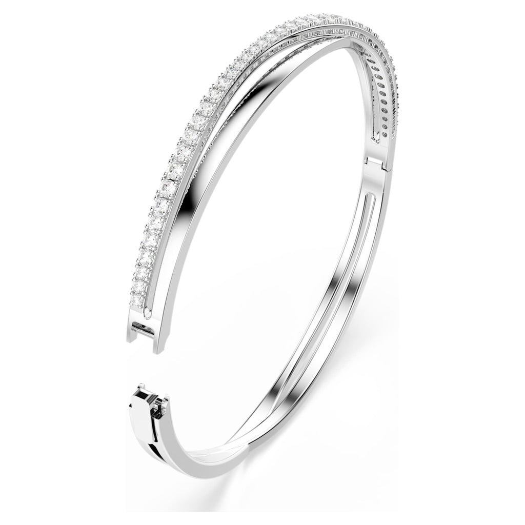 Swarovski Hyperbola bangle with white round-cut accents and rhodium plating