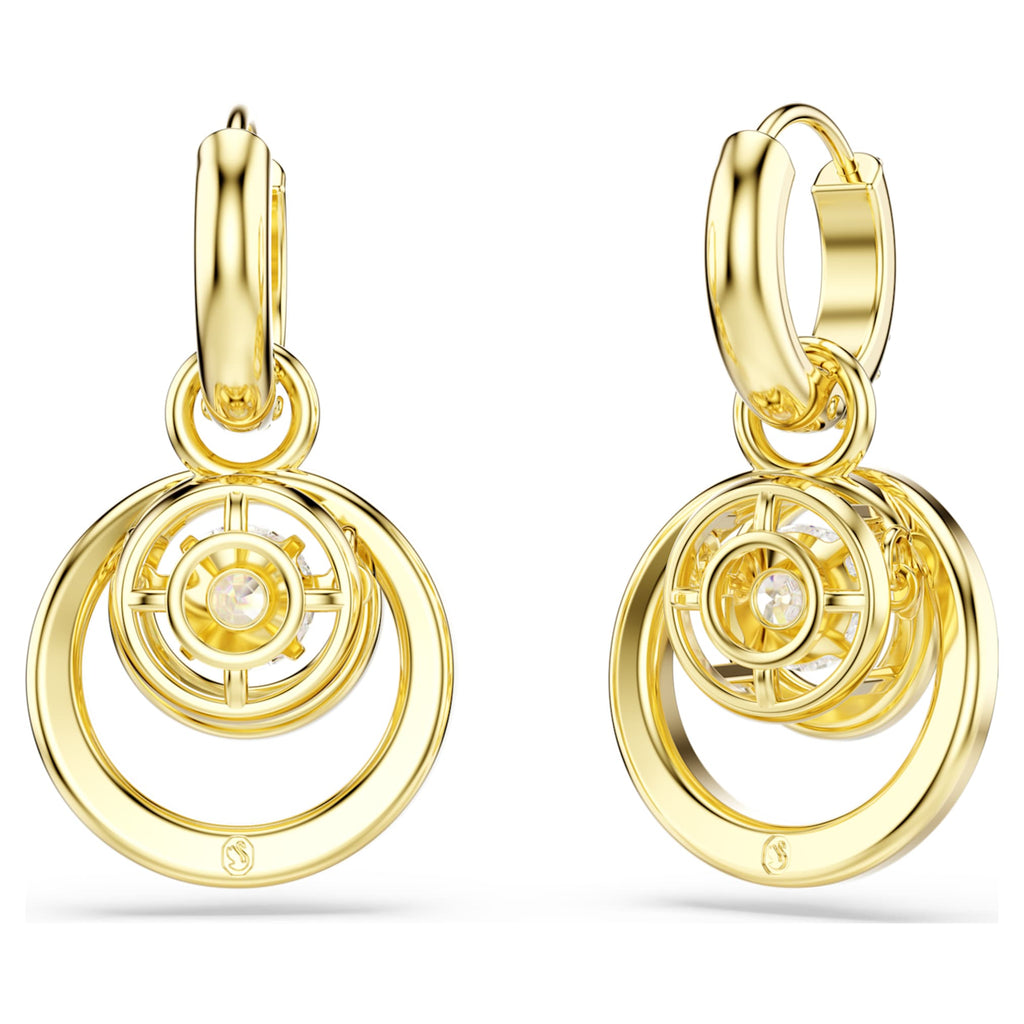 Swarovski Hyperbola drop earrings with white round-cut accents and an 18K gold finish