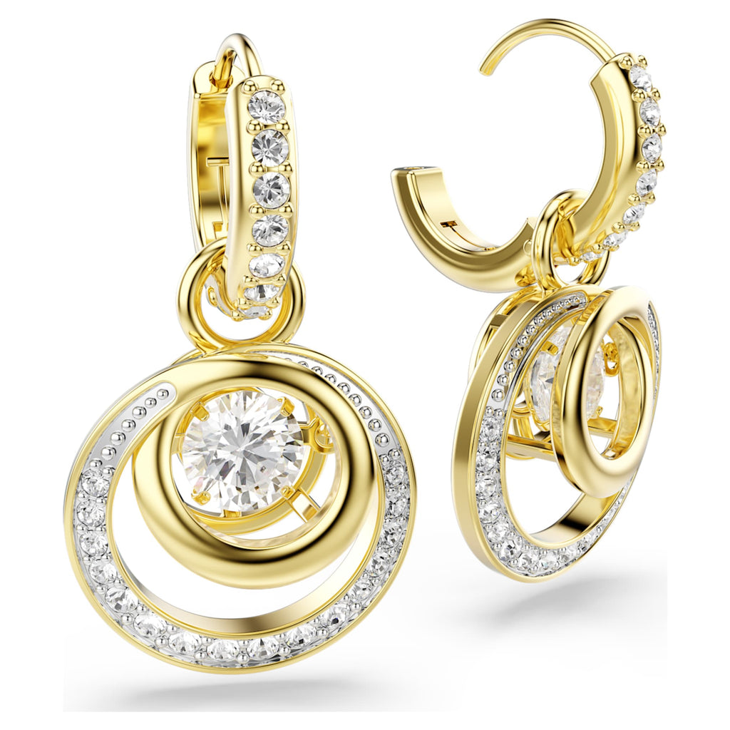 Swarovski Hyperbola drop earrings with white round-cut accents and an 18K gold finish