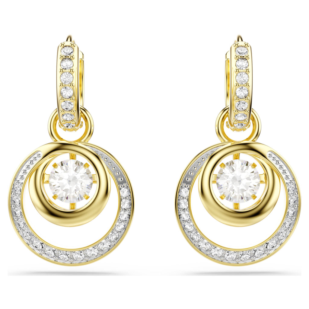 Swarovski Hyperbola drop earrings with white round-cut accents and an 18K gold finish