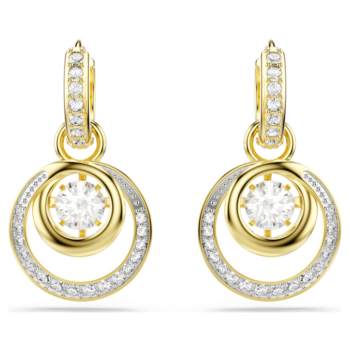 Swarovski Hyperbola drop earrings with white round-cut accents and an 18K gold finish