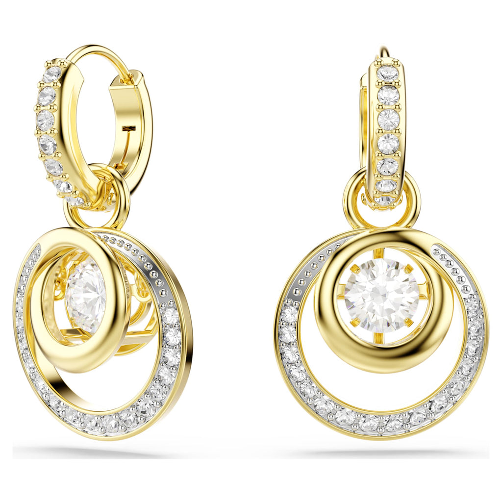 Swarovski Hyperbola drop earrings with white round-cut accents and an 18K gold finish