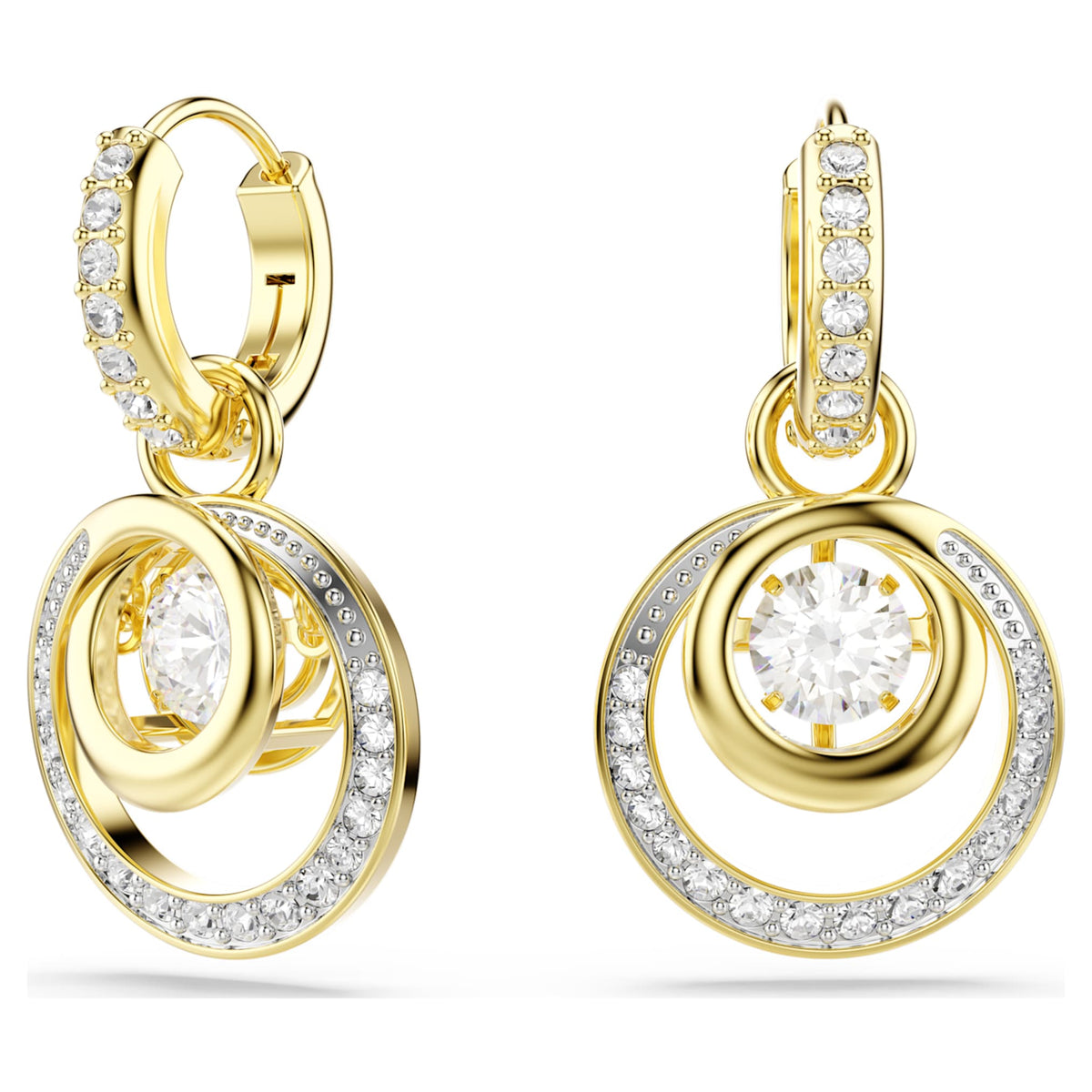 Swarovski Hyperbola drop earrings with white round-cut accents and an 18K gold finish