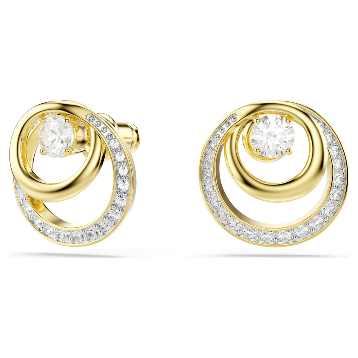 Swarovski Hyperbola stud earrings with white round-cut accents and an 18K gold finish