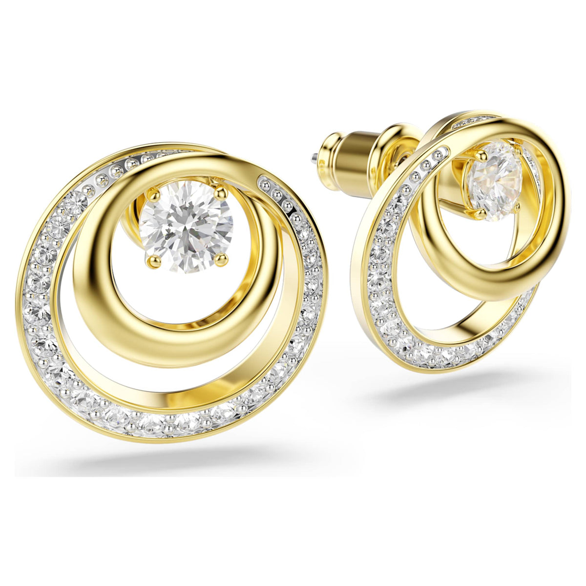 Swarovski Hyperbola stud earrings with white round-cut accents and an 18K gold finish