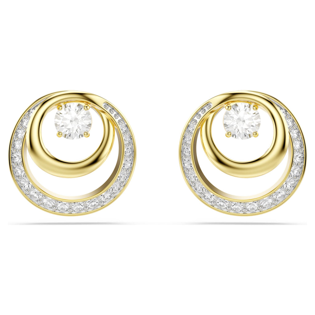 Swarovski Hyperbola stud earrings with white round-cut accents and an 18K gold finish