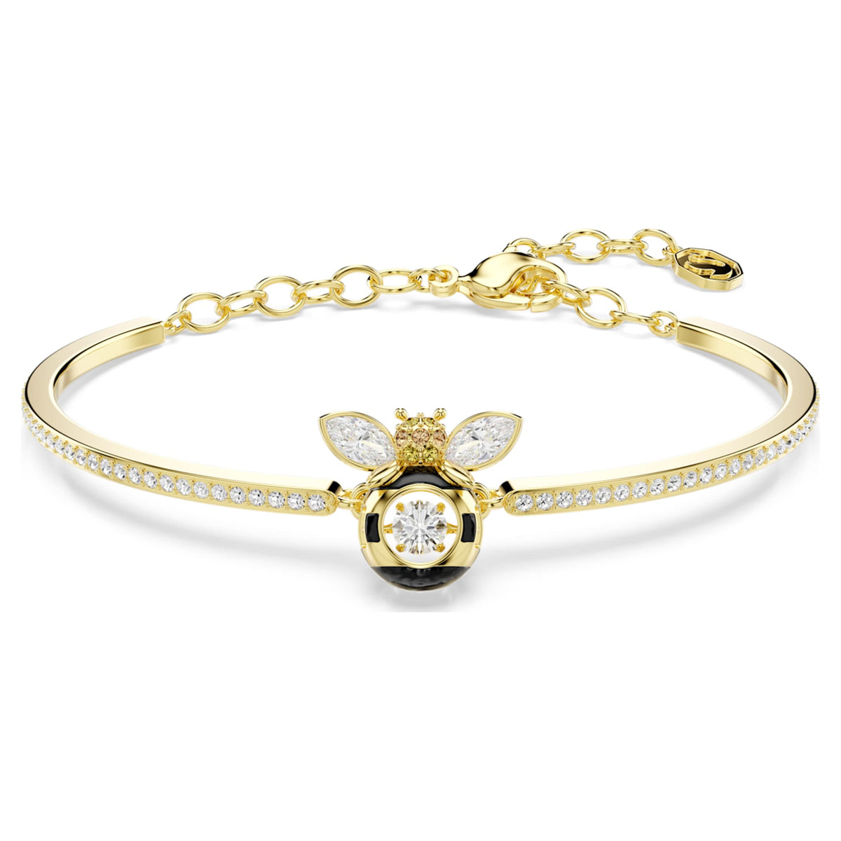 Swarovski Idyllia bangle featuring a bee motif with multicolored mixed-cut accents and an 18K gold finish