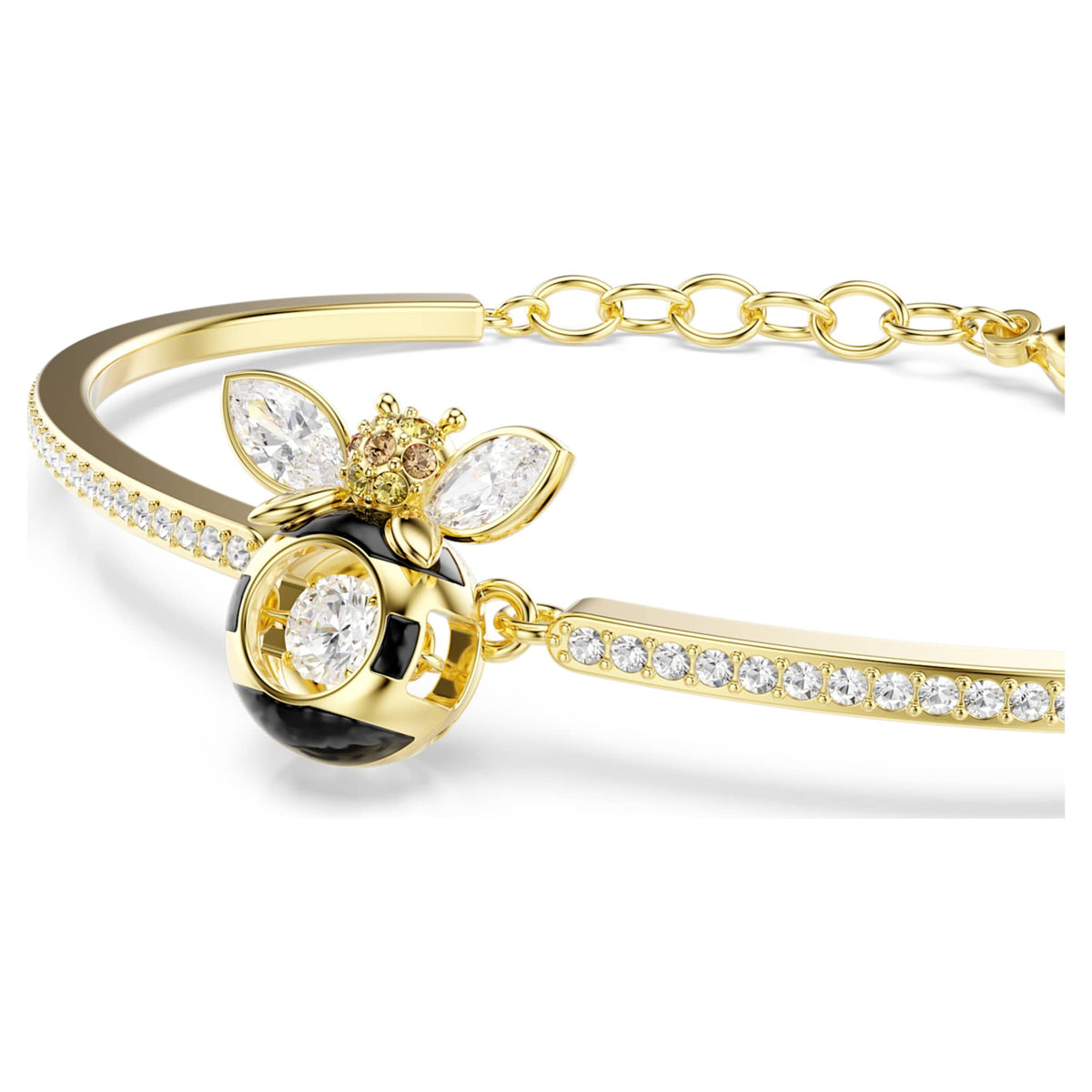 Swarovski Idyllia bangle featuring a bee motif with multicolored mixed-cut accents and an 18K gold finish