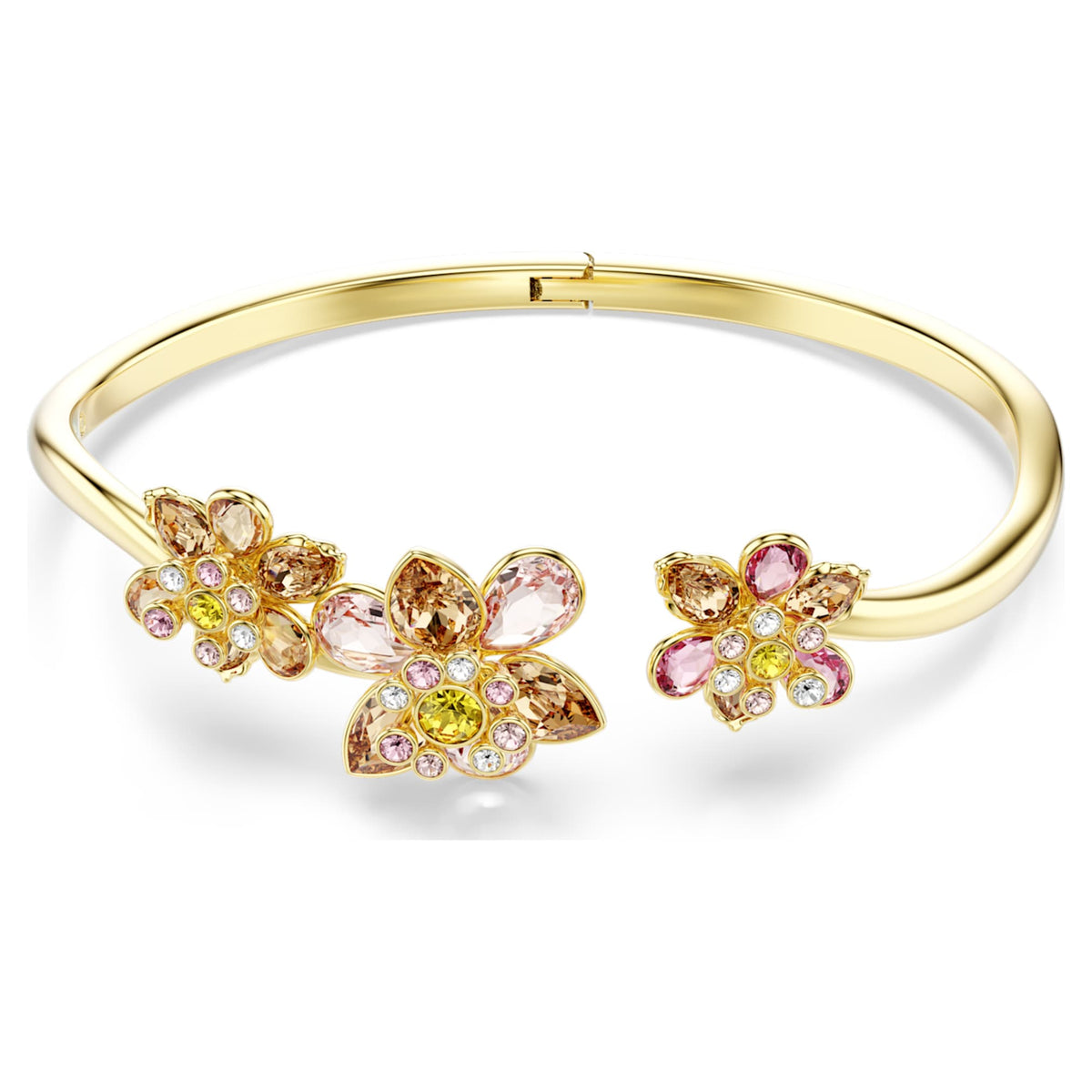 Swarovski Idyllia bangle featuring a flower motif with multicolored mixed-cut accents and an 18K gold finish