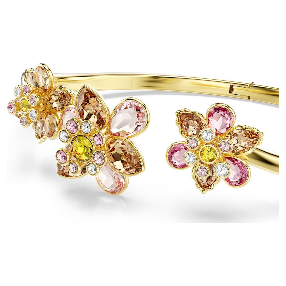 Swarovski Idyllia bangle featuring a flower motif with multicolored mixed-cut accents and an 18K gold finish