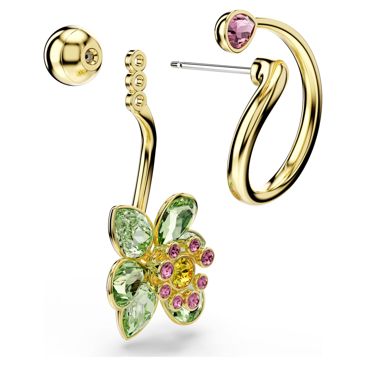 Swarovski Idyllia drop earrings Asymmetrical design, Mixed cuts, Flower, Multicolored, 18K gold finish