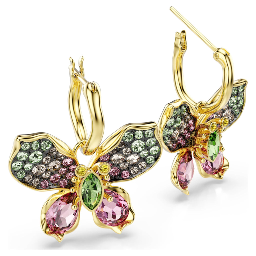 Swarovski Idyllia drop earrings featuring a butterfly motif with multicolored mixed-cut accents and an 18K gold finish