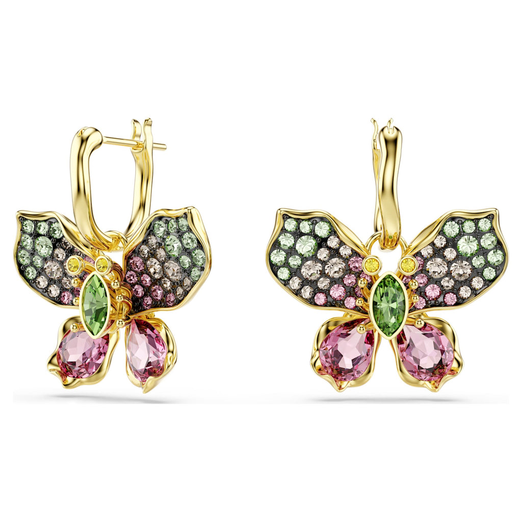 Swarovski Idyllia drop earrings featuring a butterfly motif with multicolored mixed-cut accents and an 18K gold finish