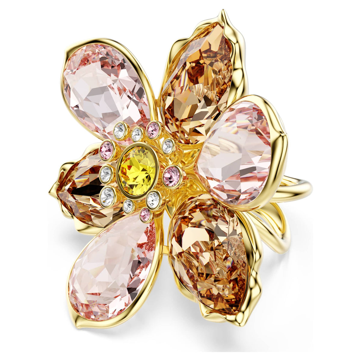 Swarovski Idyllia motif ring featuring a flower motif with multicolored mixed-cut accents and an 18K gold finish
