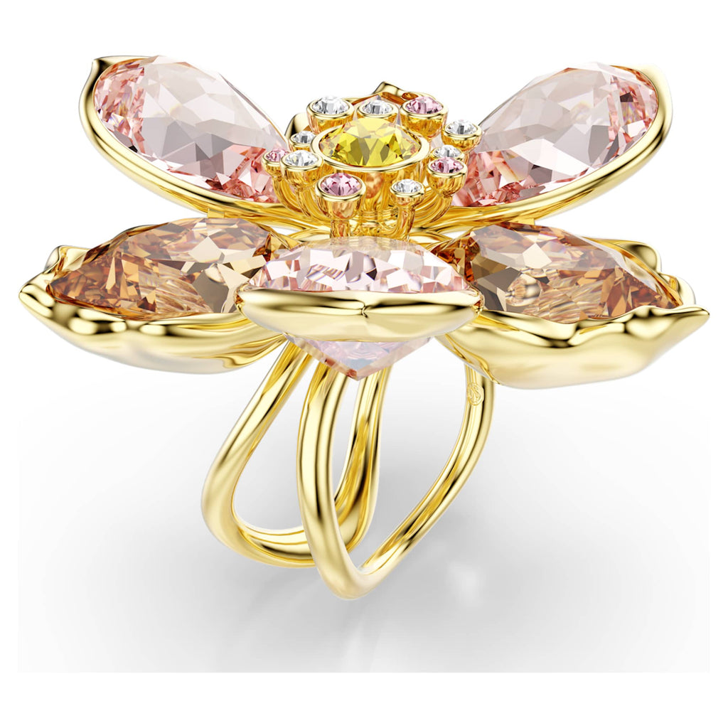 Swarovski Idyllia motif ring featuring a flower motif with multicolored mixed-cut accents and an 18K gold finish