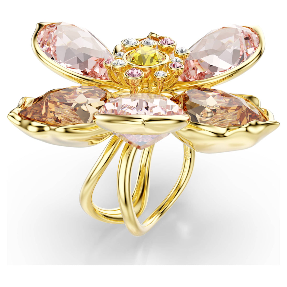 Swarovski Idyllia motif ring featuring a flower motif with multicolored mixed-cut accents and an 18K gold finish
