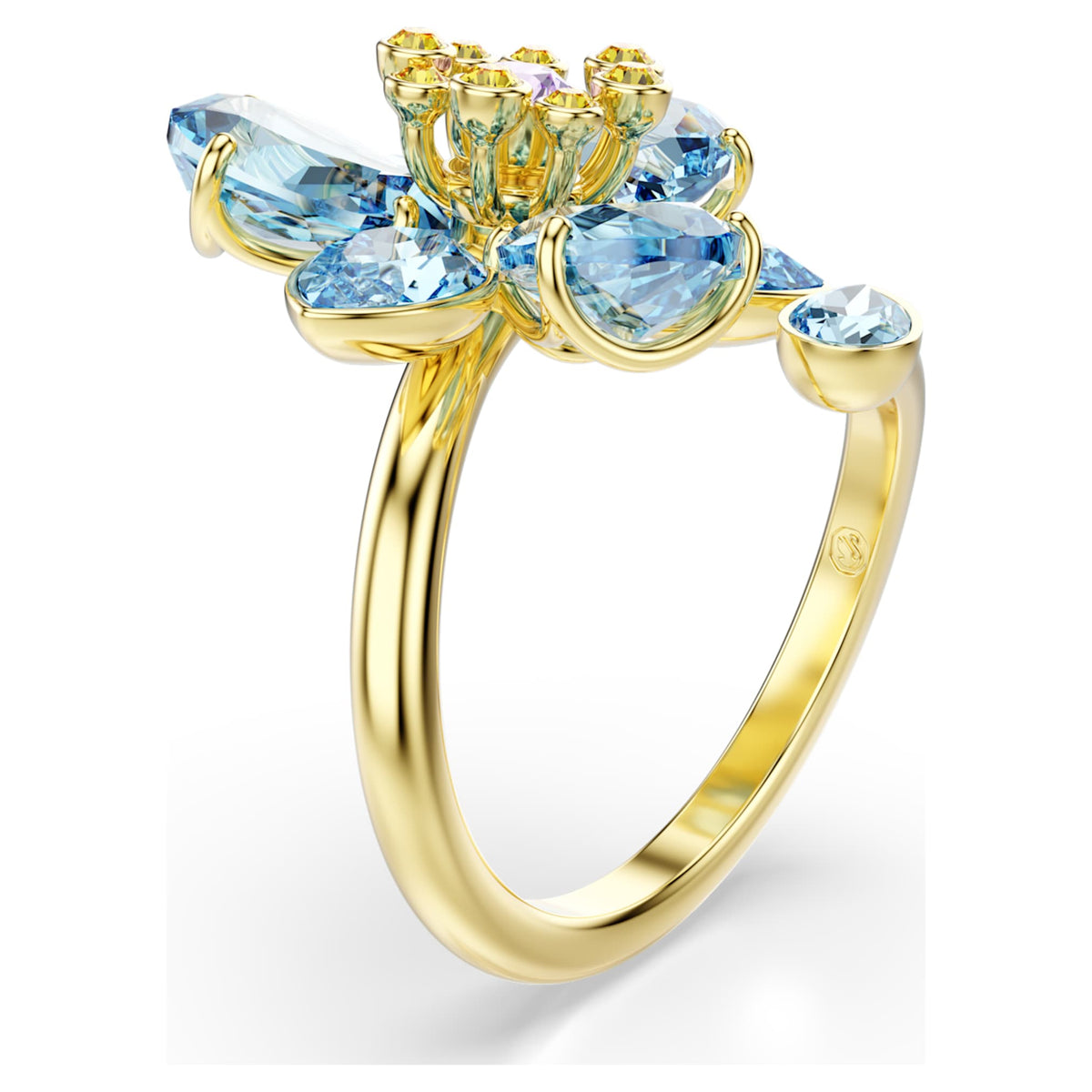 Swarovski Idyllia open ring featuring a flower motif with blue mixed-cut accents and an 18K gold finish