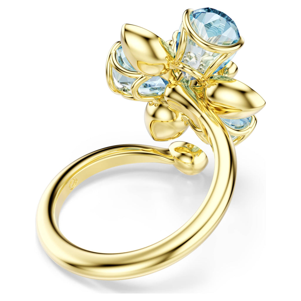 Swarovski Idyllia open ring featuring a flower motif with blue mixed-cut accents and an 18K gold finish