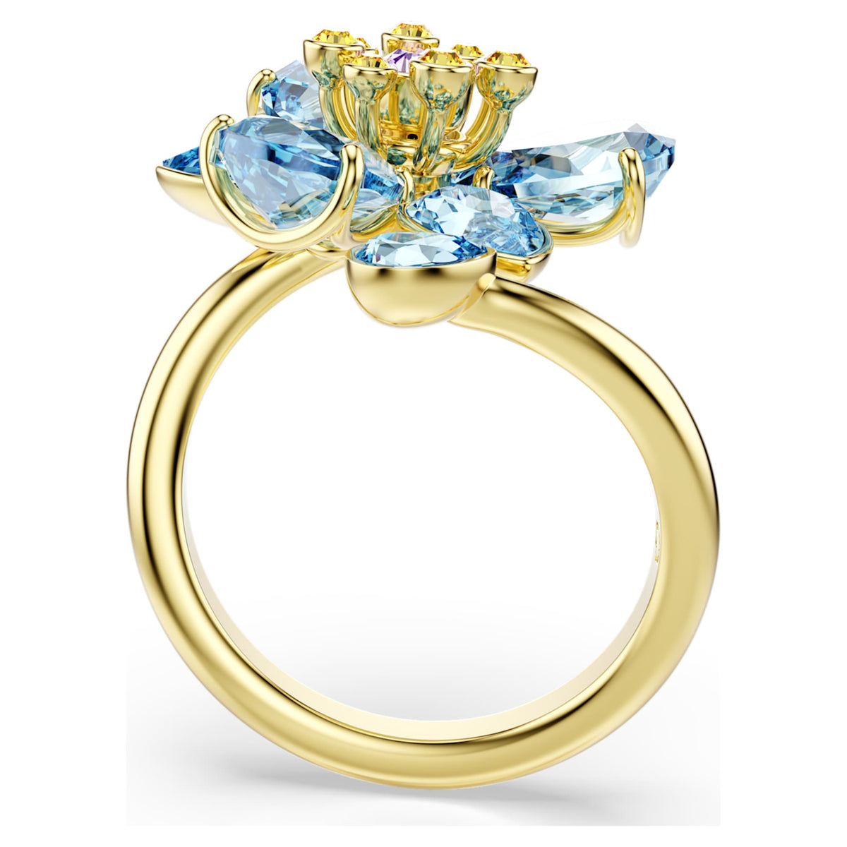 Swarovski Idyllia open ring featuring a flower motif with blue mixed-cut accents and an 18K gold finish
