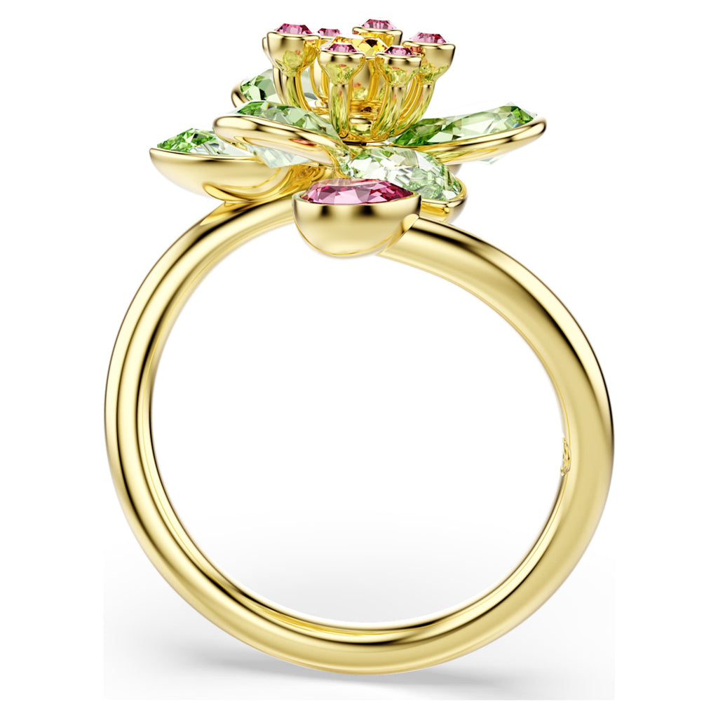 Swarovski Idyllia open ring featuring a flower motif with green mixed-cut accents and an 18K gold finish