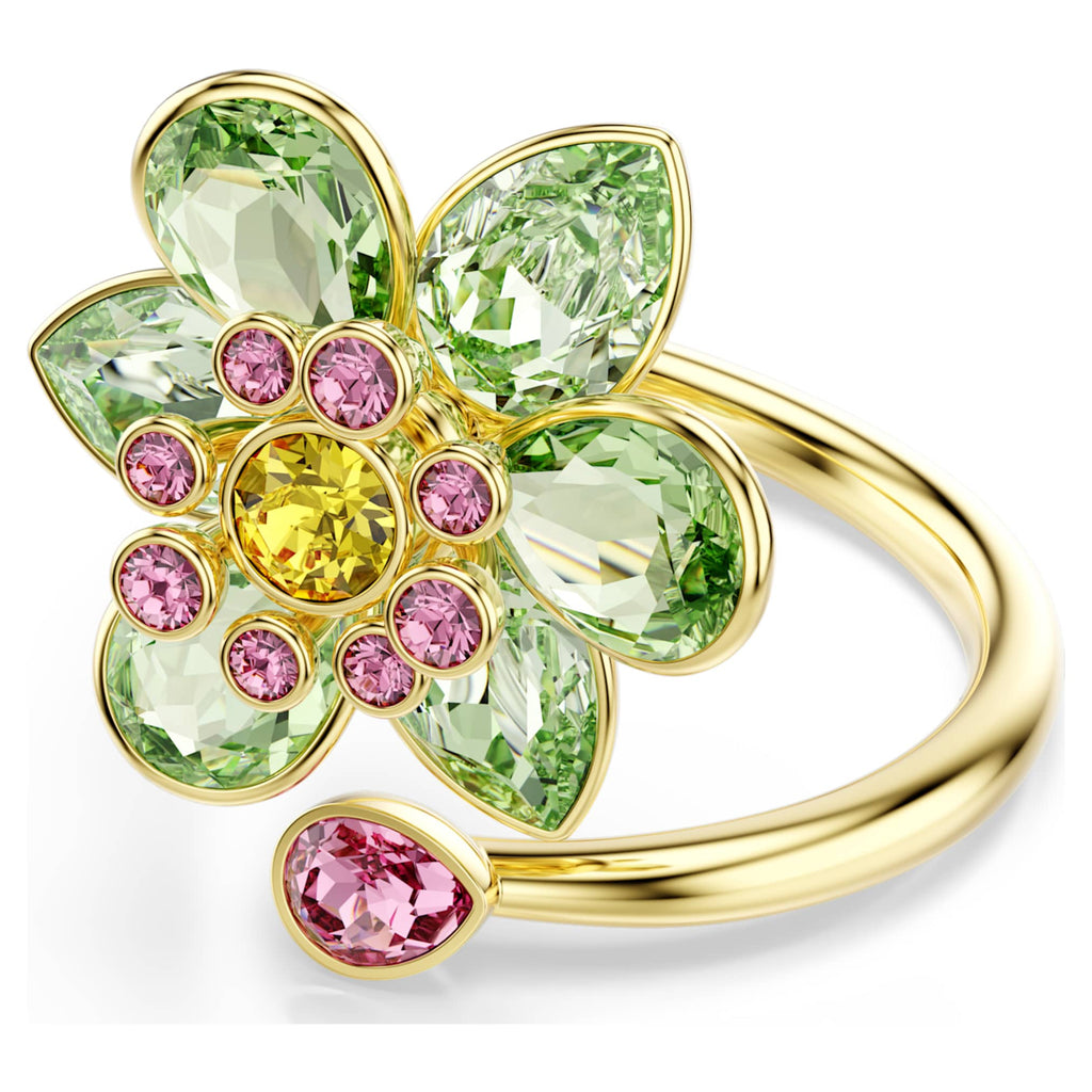 Swarovski Idyllia open ring featuring a flower motif with green mixed-cut accents and an 18K gold finish